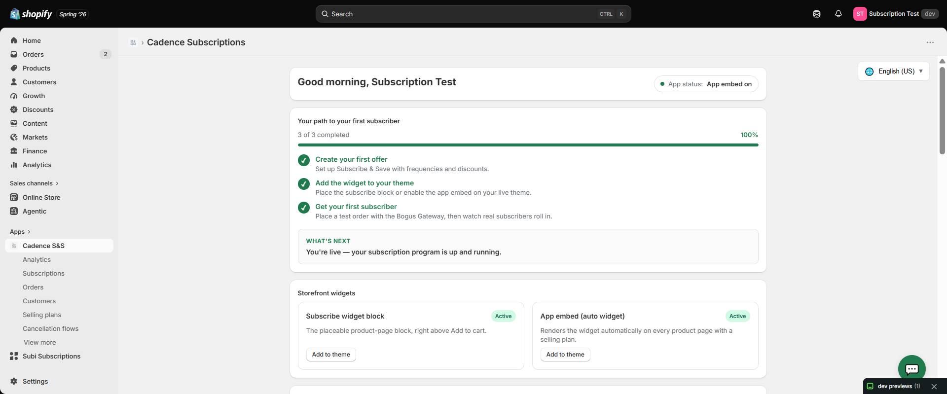 Sublyra home dashboard inside Shopify admin with guided setup progress and storefront widget status