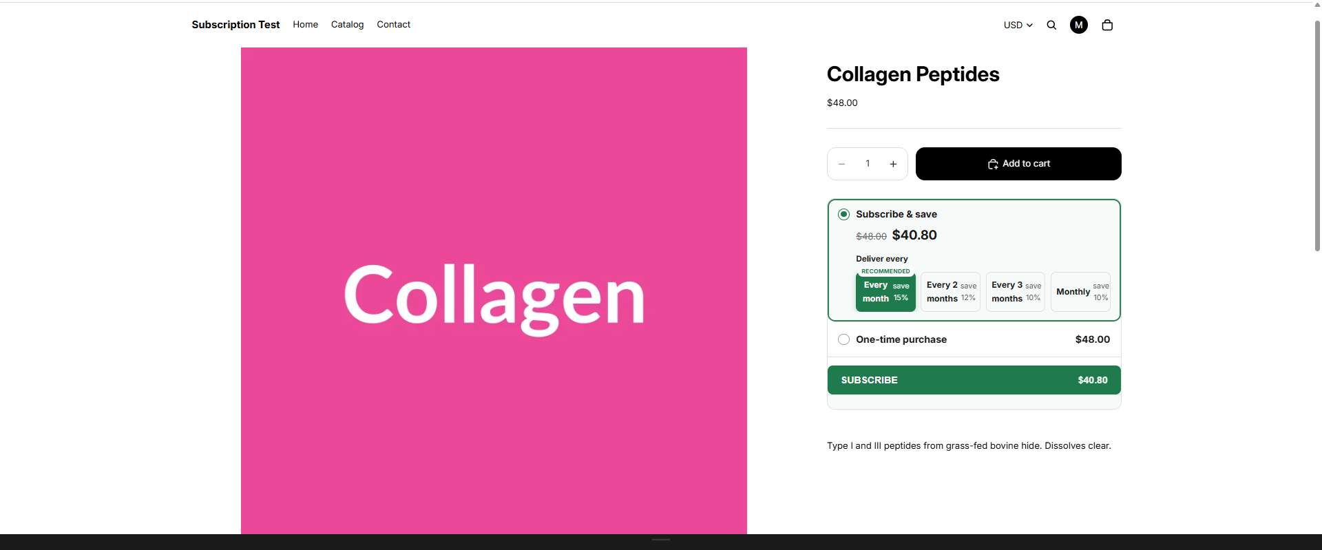 Storefront product page showing the Sublyra subscribe-and-save widget with delivery frequency options and a Subscribe button