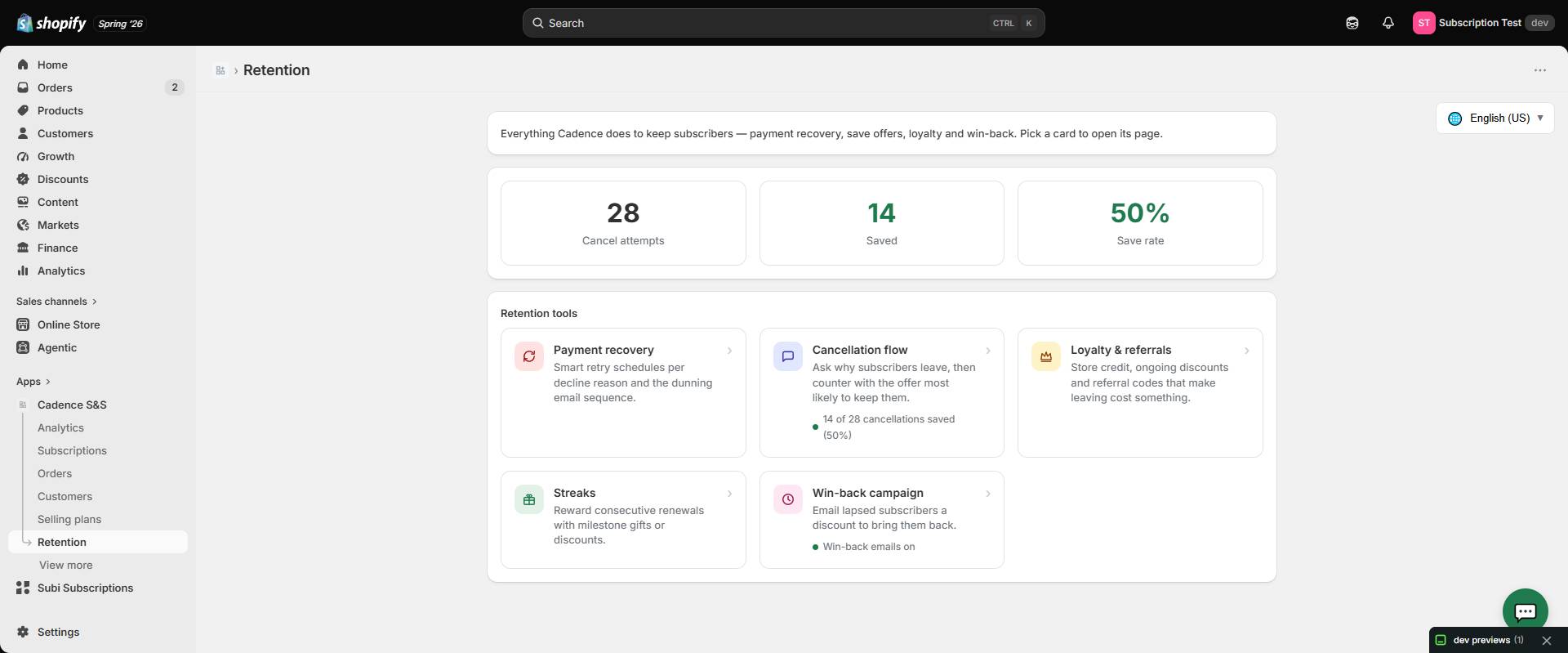 Sublyra retention hub showing cancel attempts, saves, save rate and retention tools